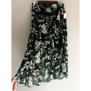 Forest Fairy Grunge Maxi Skirt Floral Ruffles Sheer Whimsigoth Black Green Small